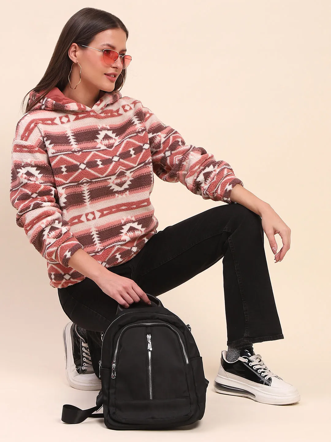 Camla Barcelona Aztec Print Hooded Brown Sweatshirt