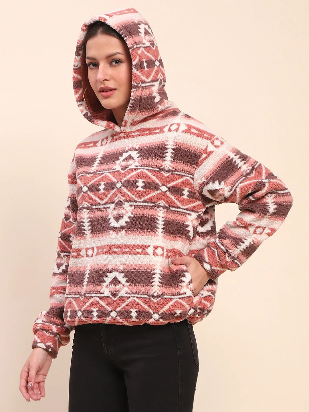 Camla Barcelona Aztec Print Hooded Brown Sweatshirt