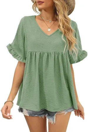 Ruffle Short Sleeve Solid Color T-shirt