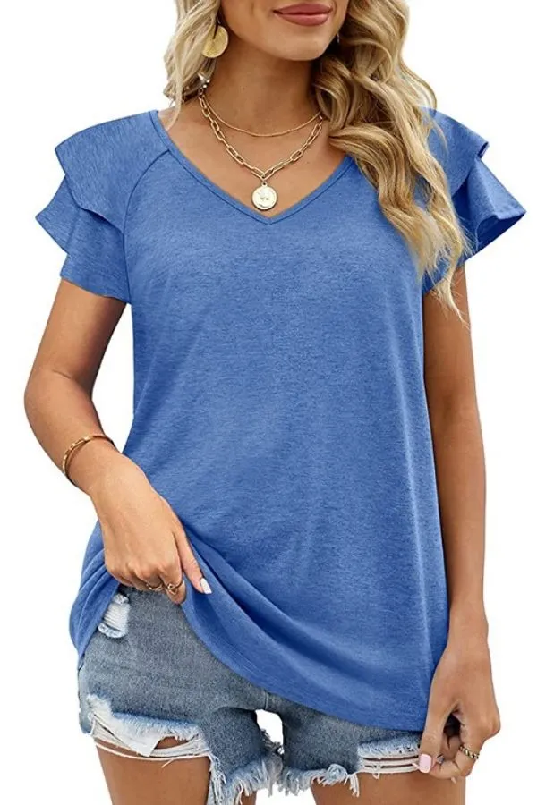 Ruffle Short Sleeve V Neck T-shirt
