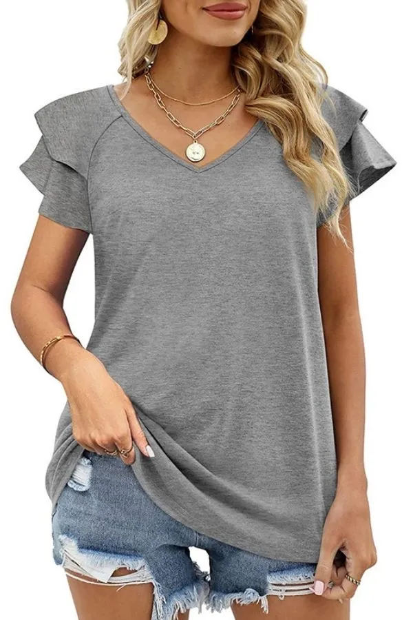 Ruffle Short Sleeve V Neck T-shirt