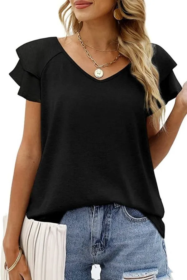 Ruffle Short Sleeve V Neck T-shirt