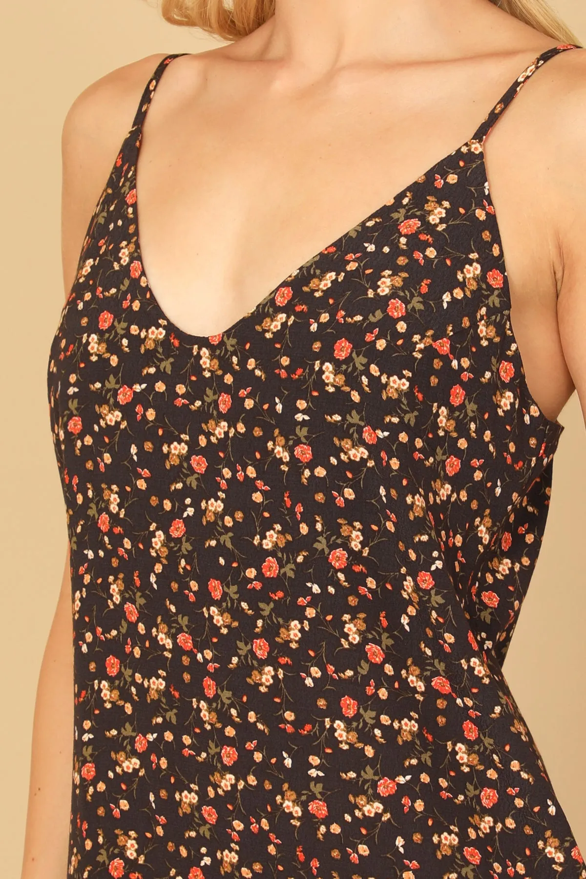 SPAGHETTI STRAP V-NECK FLORAL MINI DRESS